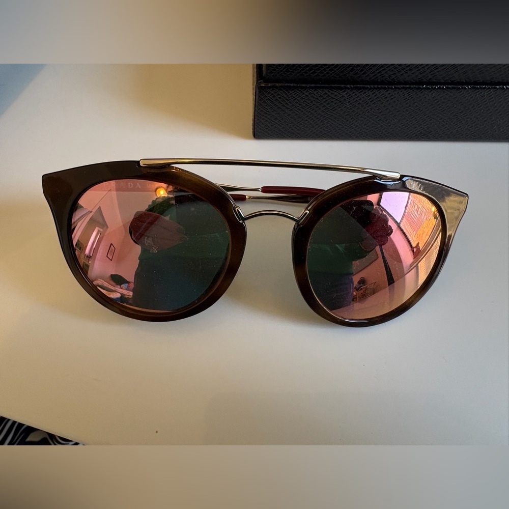 Prada SPR 23S Tortoise & Gold Bar Sunglasses Pink Mirror Lenses